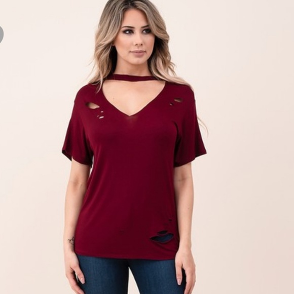LAST 1 vneck choker ripped top distressed keyhole - Picture 1 of 4